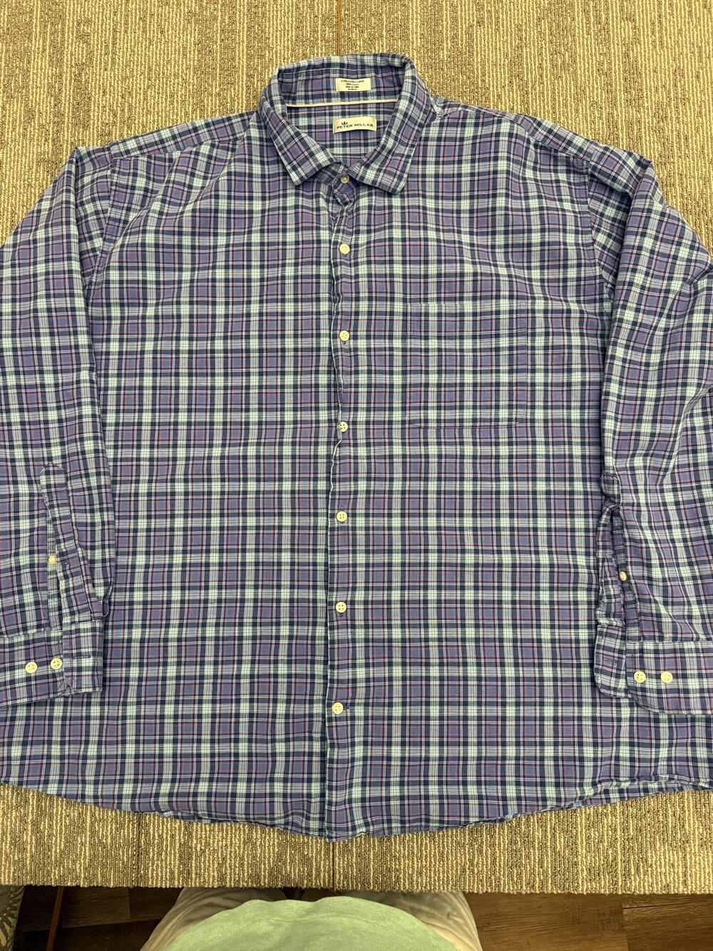 Peter Millar Shirt Mens 2XL Blue Green Plaid Button Down Cotton Classic Fit XXL